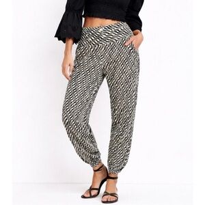 Anthropologie Printed Jogger Pants Size 2 Cream Black Linen Viscose Casual Boho